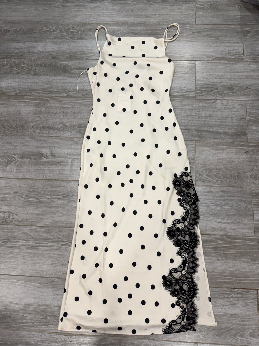 En Saison Ivory Polka Dot Maxi Dress with Black Lace Trim